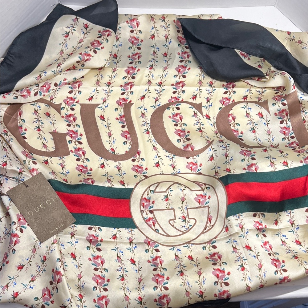 Gucci Floral Silk Scarf with Red and Green Stripe